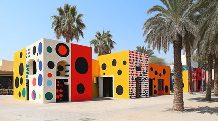 Colorful structures with bold patterns and bright colors.