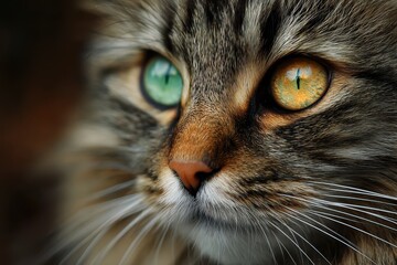 Fototapeta premium Realistic portrayal of a cat showcasing striking multicolored eyes captured in soft natural light during late afternoon hours in a cozy indoor setting