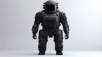 A person wearing an advanced, futuristic black spacesuit stands against a plain light background.