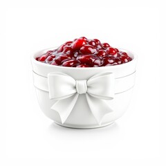Cranberry sauce in a white bowl with a white ribbon bow isolated on white background