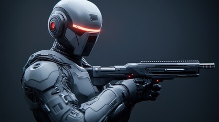 A futuristic robot soldier in advanced armor aims a high-tech weapon, glowing red visor highlighting its readiness for combat.