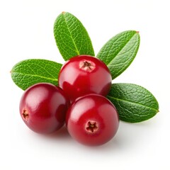 Cranberry cluster with vibrant green leaves isolated on white background