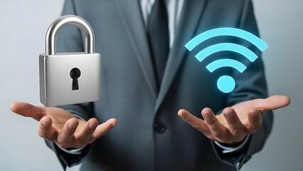 Businessman presenting secure wifi connection with padlock