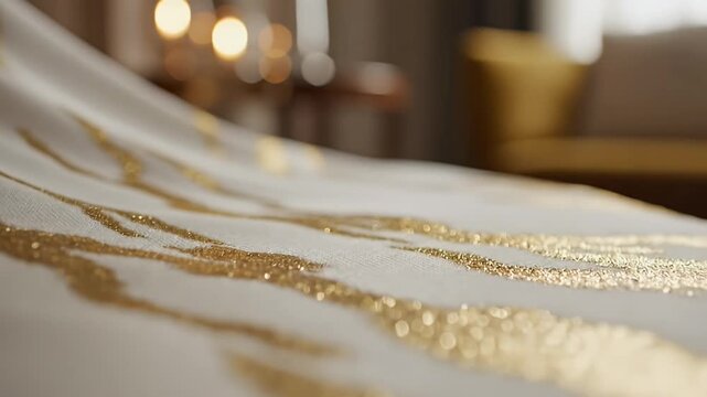 Luxurious White Bedding with Golden Accents - Close-up of a plush bedspread featuring shimmering gold detailing creating an opulent and inviting bedroom atmosphere for luxury lifestyle content