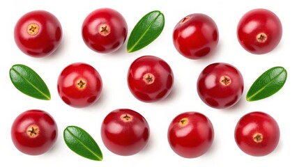 cranberry fruits with green leaves on white background,