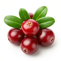 Fresh ripe cranberries with green leaves isolated on white background