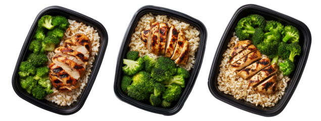 Healthy grilled chicken, brown rice, and broccoli in a black plastic meal container isolated on white transparent background