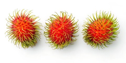 Three vibrant rambutan fruits with spiky red skin and green tendrils isolated on white background