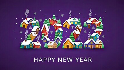 Happy new year greeting with snowy houses and trees