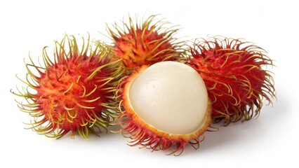 Rambutan fruit with spiky red skin and one peeled open revealing juicy white flesh, isolated on white background
