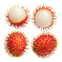 Rambutan fruit whole and halved showing juicy white flesh and spiky red rind isolated on white background