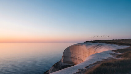 Sunset over the ocean cliffs with birds flying in the sky