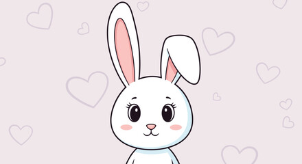 Fototapeta premium Adorable white bunny head with long pink-lined ears and a sweet expression surrounded by light purple hearts on a soft pastel background for kids.