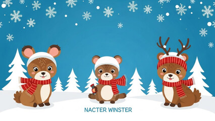Obraz premium Cute cartoon bears in winter hats and scarves with snowflakes and pine trees perfect for holiday greeting cards and childrens book illustrations