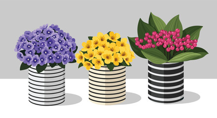 Obraz premium Three decorative black and white striped pots holding different types of purple, yellow, and red flowers with green leaves on a grey background.