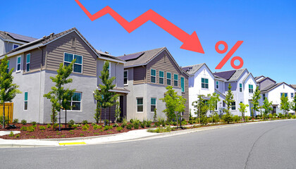 Red arrow over homes showing falling interest rates