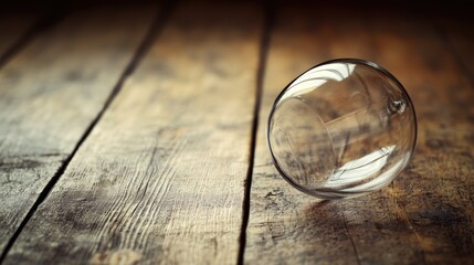 Empty glass orb on weathered wooden planks.