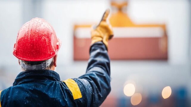 Navigating Cargo: A steadfast worker, adorned in a vibrant red helmet, orchestrates the movement of a colossal container, epitomizing the logistics of global trade.