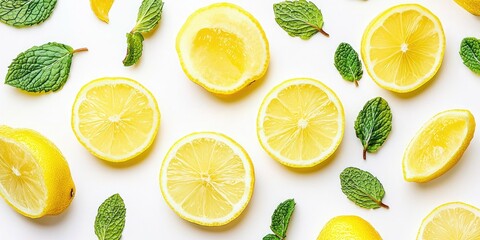 Lemon slices and mint leaves arranged on a white background with a light source from the top left corner.
