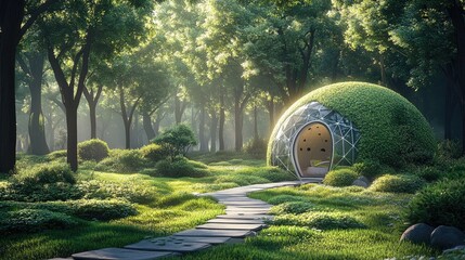 Spherical structure nestled within a lush forest garden.
