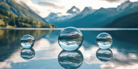 Three crystal balls on a reflective surface, with a mountainous landscape and a lake in the background.