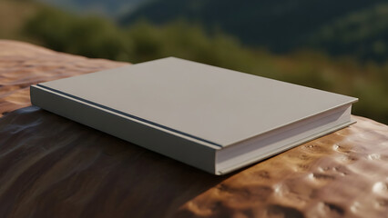 White book resting on rustic wooden surface in serene natural setting