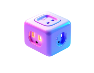 Illuminated cube power strip with various plug types, on black backdrop
