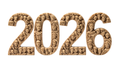 Ornate numeral carving of the year 2026, filled with human faces