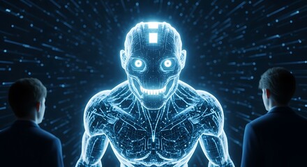 Two individuals observe a glowing blue digital human figure in a futuristic setting.