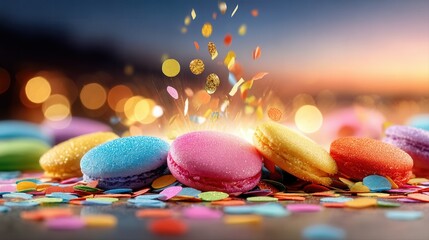 Vibrant macarons celebrating with colorful confetti at sunset