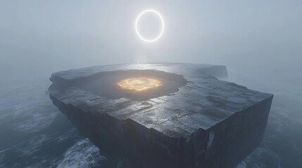 Floating stone platform with ethereal light in a misty landscape.