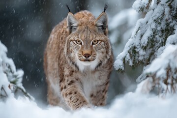 Obraz premium Lynx walking gracefully through snow-covered forest during a winter day, showcasing the beauty and elegance of wildlife in a serene landscape