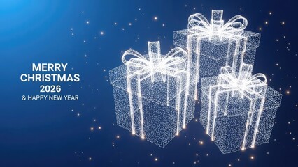 Merry christmas 2026 and happy new year greeting with gift boxes