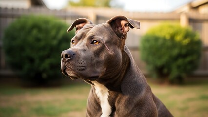 Brown pit bull sitting on grass.