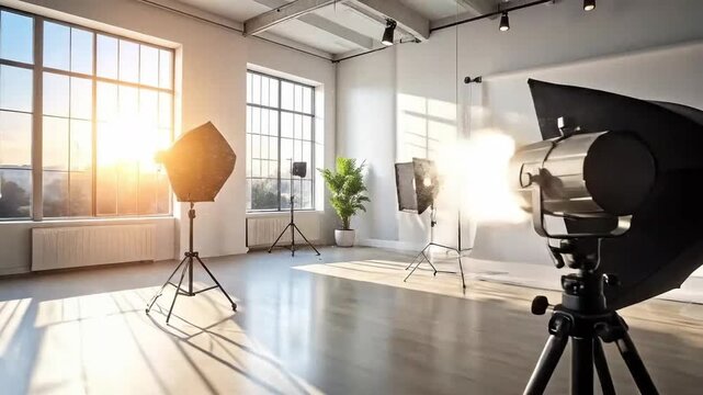Bright photography studio with large windows, softboxes, and a large format camera, providing ample workspace.