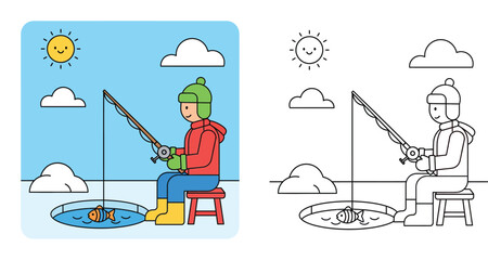 Ice fishing coloring book page vector illustration featuring a happy fisherman sitting on a stool catching a fish in winter, with a colored example and black and white outline for kids.