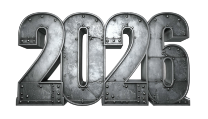 Metallic, riveted "2023" digits, isolated on black background