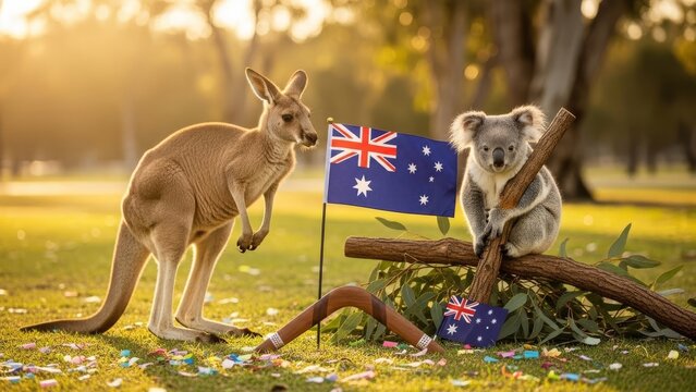 A curious kangaroo and koala pose with Australian flags in a sunlit park at sunset.