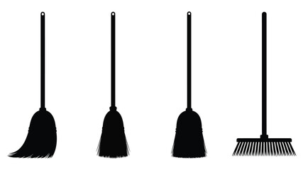 Four black broom silhouettes standing upright against a plain white background silhouette © Asif