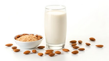 Almond milk in a glass with a bowl of crushed almonds and whole almonds scattered around on white background