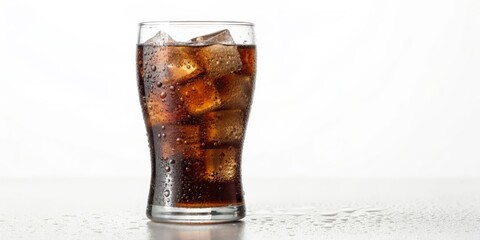 Cola with ice cubes in a tall glass covered in condensation isolated on white background