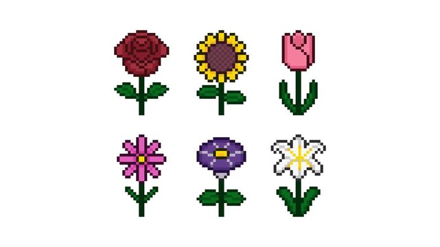 8-bit pixel art various flowers. looped animation 4k 30fps