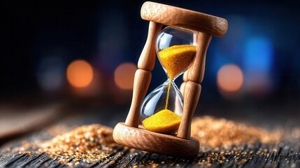 Vintage wooden hourglass with flowing golden sand on rustic table