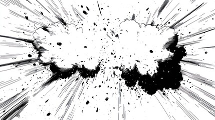 Bursting clouds with radial lines, black ink splatters on white background