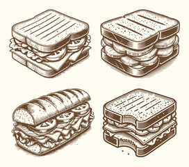 Vintage Engraved Sandwich Vector Design Set