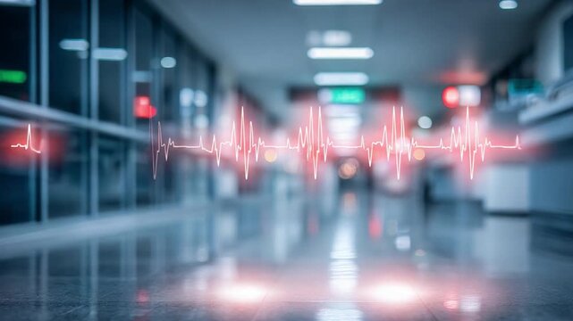 Vital Pulse in the Medical Hub: A dynamic visualization of a heartbeat rhythm, pulsating in a hospital corridor, symbolizing life's essence and the relentless pursuit of health.