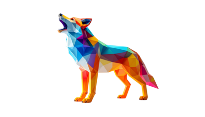 A colorful, geometric wolf howling against a stark black background