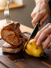 Pork chop and fruit combination for innovative cuisine experimentation