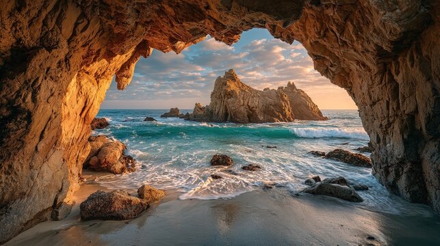 Dramatic Rock Cave Formation at Pfeiffer Beach Sunset Scenery