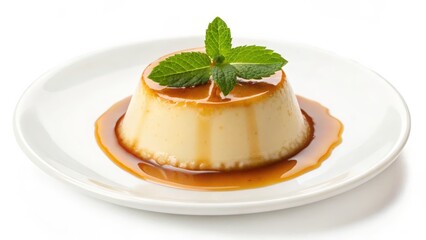 Custard dessert with caramel sauce and mint leaves on a white plate isolated on white background